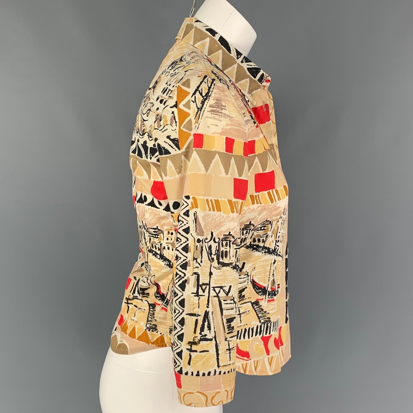 PRADA Size 4 Beige Brown Red Water Color Print Cotton Blouse