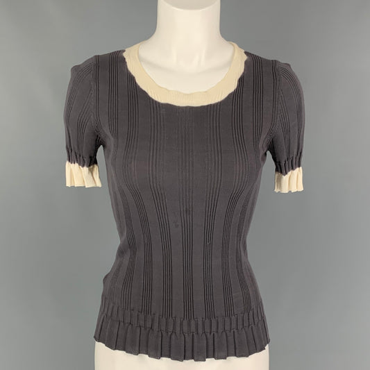 PRADA Size 4 Grey Cream Cotton Ribbed Short Sleeve Pullover