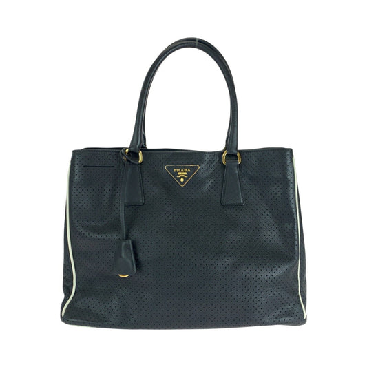 Prada Saffiano Punching Triangle Logo Plate Leather Tote Bag