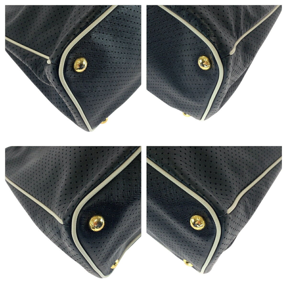 Prada Saffiano Punching Triangle Logo Plate Leather Tote Bag