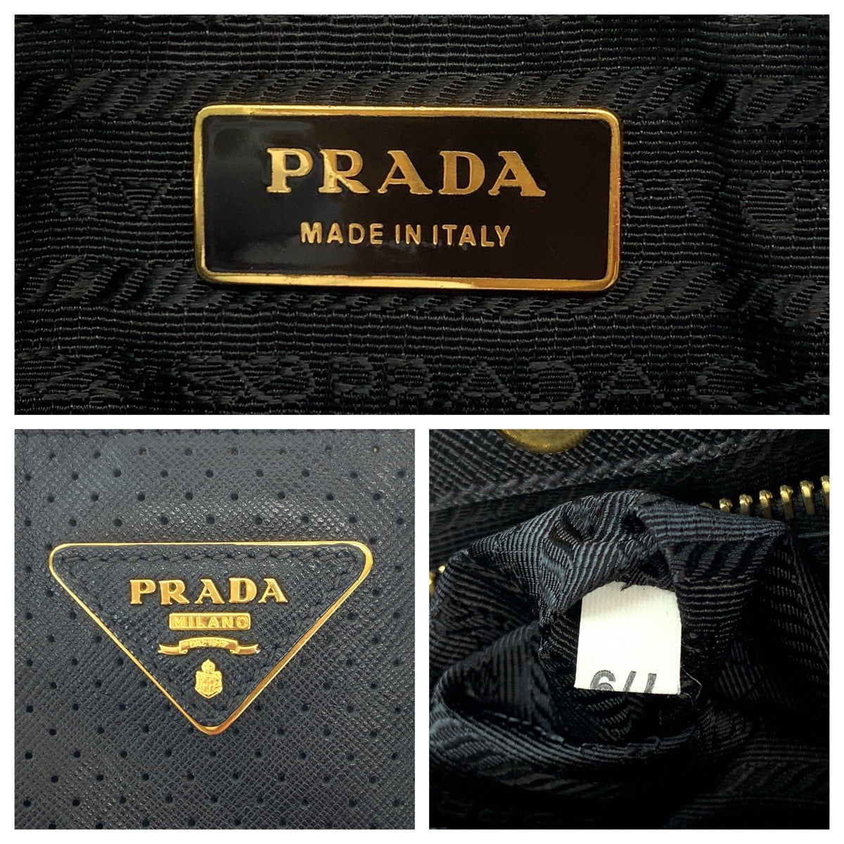 Prada Saffiano Punching Triangle Logo Plate Leather Tote Bag