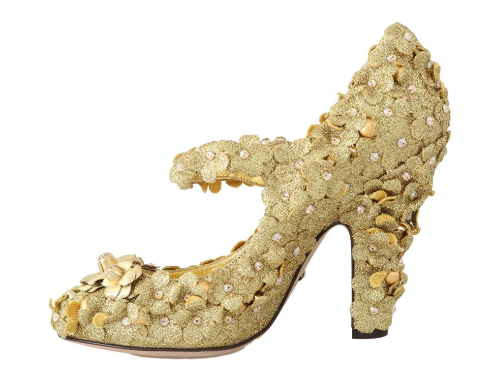 Dolce & Gabbana Gold Floral Crystal Mary Janes Women's Pumps
