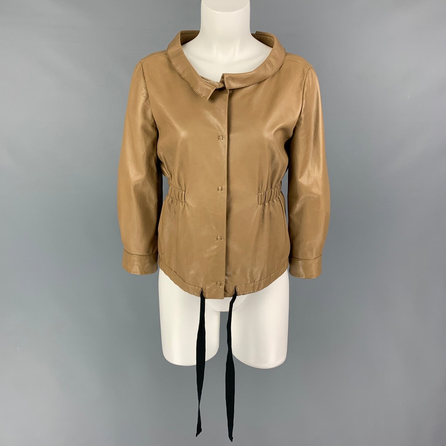 PRADA Size 4 Tan Leather 3/4 Sleeves Jacket