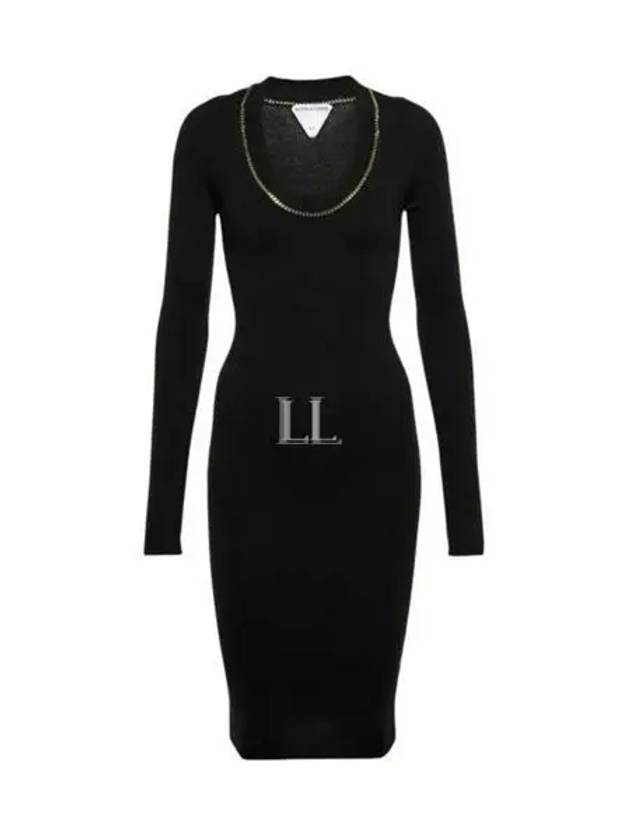 Bottega Veneta Gold Chain Detail Cashmere Long Sleeve Midi Dress Black
