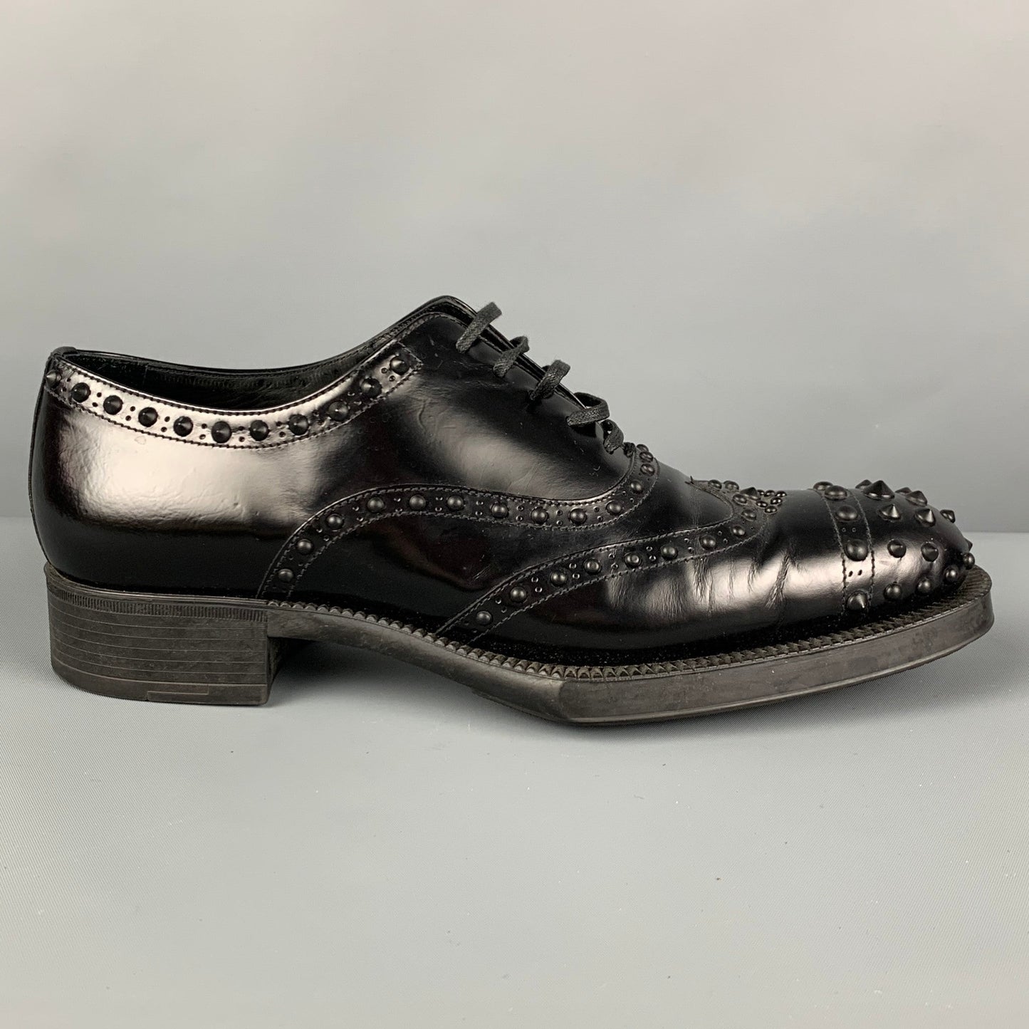 PRADA Size 9 Black Leather Studded Cap Toe Shoes