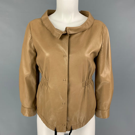 PRADA Size 4 Tan Leather 3/4 Sleeves Jacket
