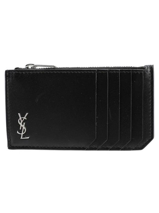 Saint Laurent Tiny Cassandre Fragments Silver Hardware Leather Zipper Card Wallet Black