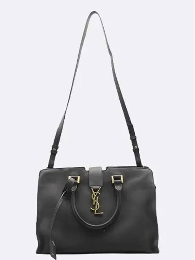 Saint Laurent 424869 Black leather monogram cabas tote bag strap with silver logo decoration