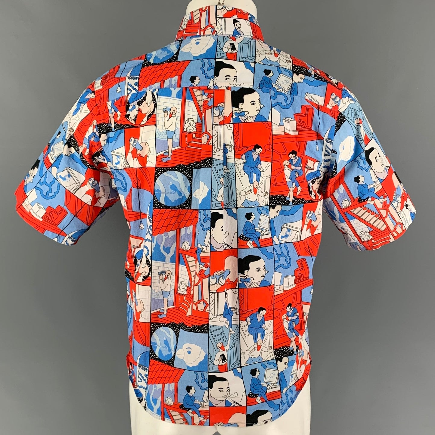 PRADA SS 18 Comic Collection Size S Red Blue Graphic Cotton Short Sleeve Shirt