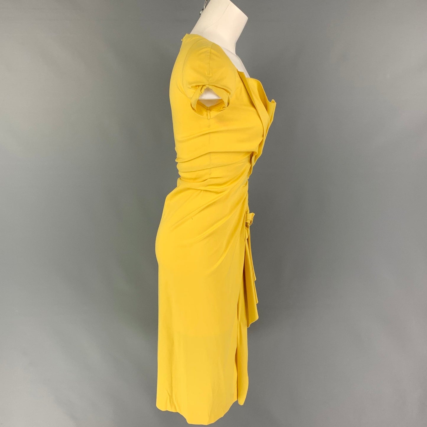 PRADA Size 4 Yellow Cotton Blend Ruched Short Sleeve Dress