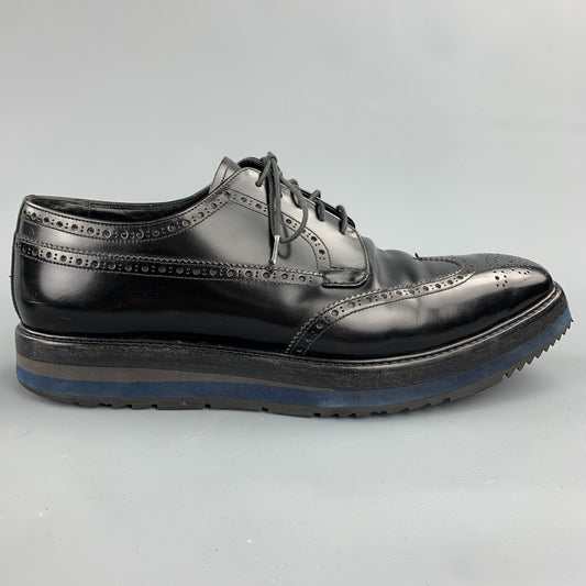 PRADA Size 10.5 Black Perforated Leather Platform Lace Up Shoes