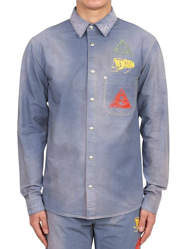 Astro Embroidered Patch Denim Long Sleeve Shirt Light Blue Dior