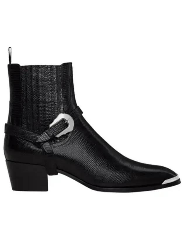 CELINE Harness Metal Toe Tejus Stamped Calfskin Western Chelsea Boots Black