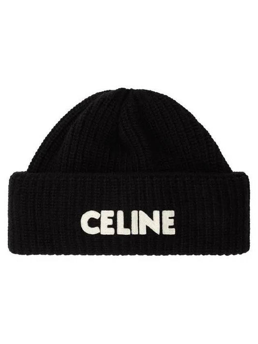CELINE Logo Ribbed Wool Beanie Black