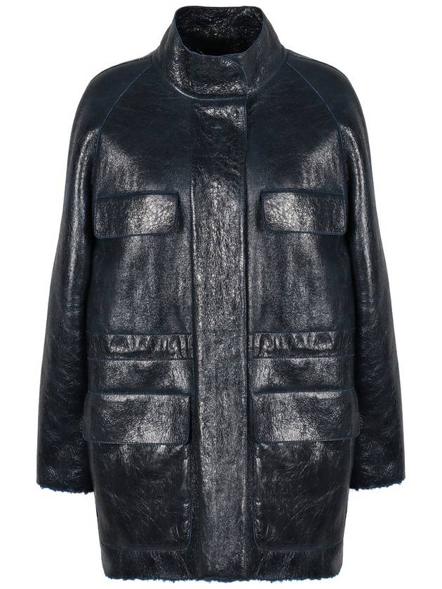 Fendi High Neck Leather Jacket Dark Blue