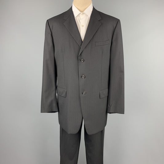 PRADA Size 48 Long Black Stripe Wool Notch Lapel Suit