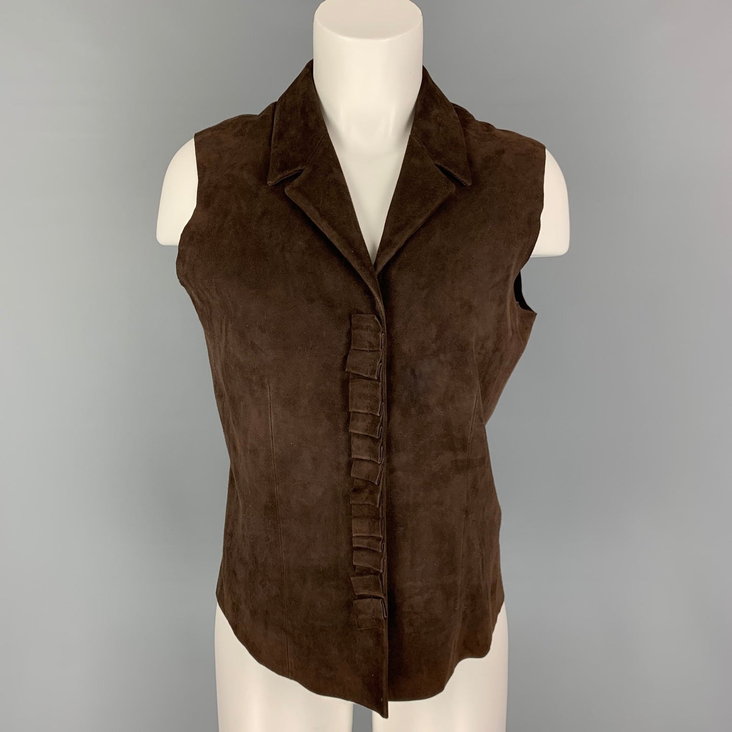 PRADA Size 10 Brown Suede Ruffled Snaps Vest
