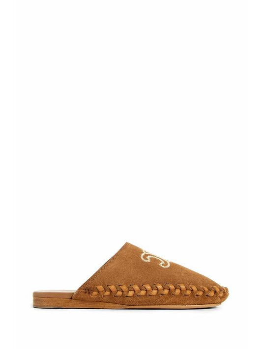 CELINE Marlou Triomphe Embroidered Suede Calfskin Mule Cognac