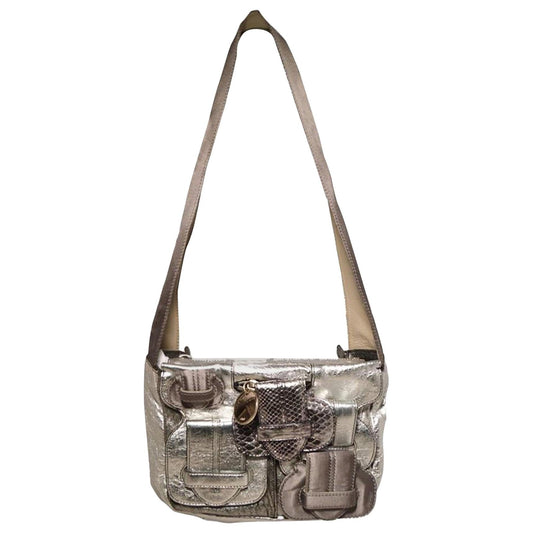 CHLOE Silver Leather Satin Snakeskin Buckle Shoulder Bag