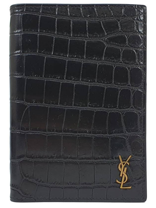 Saint Laurent Monogram Crocodile Card Passport Wallet Black