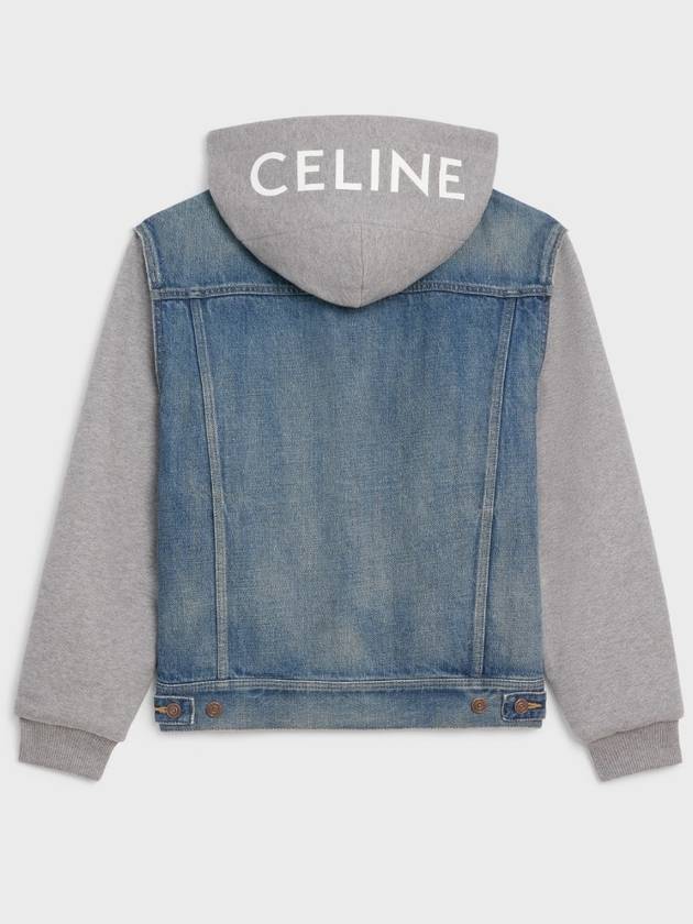 CELINE Logo Union Wash Denim Trucker Hooded Jacket Blue