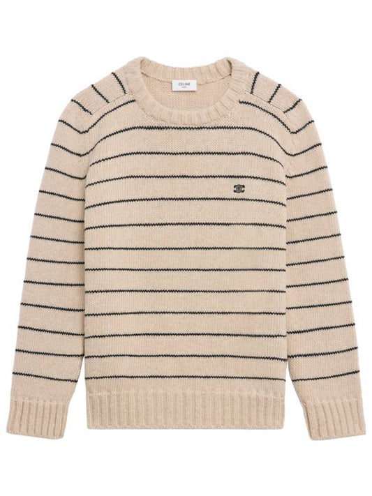 CELINE Striped Triomphe Embroidery Wool Knit Top Vanilla