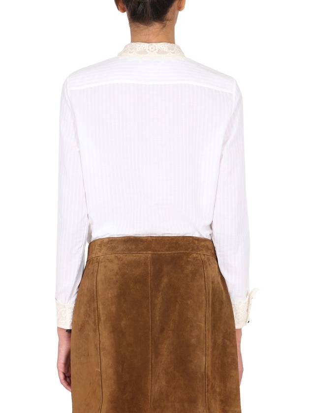 Saint Laurent Women's Lace Trimmed Long Sleeve Shirt White