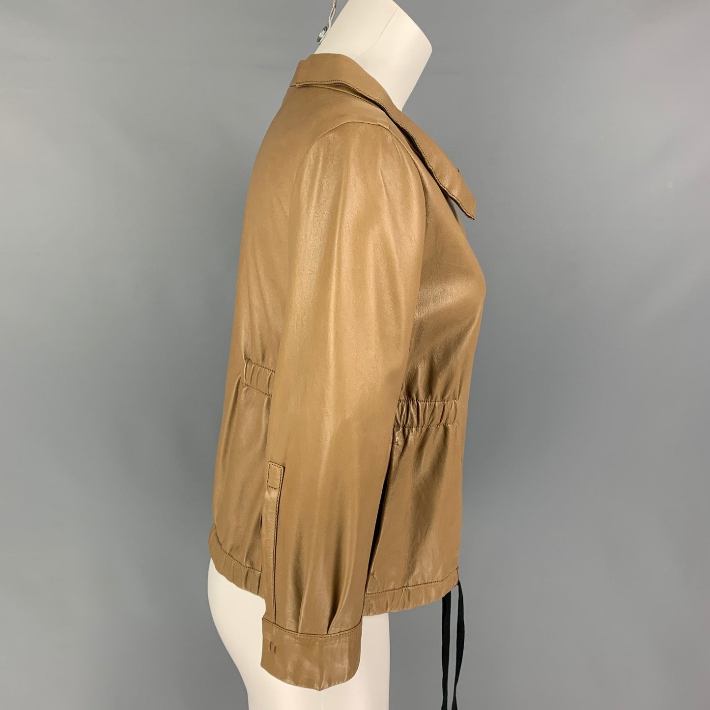 PRADA Size 4 Tan Leather 3/4 Sleeves Jacket