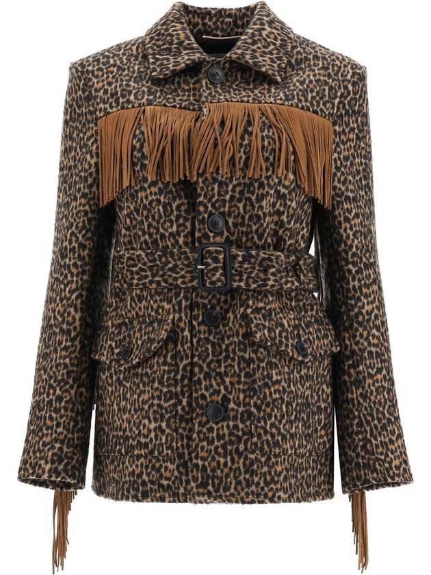 Saint Laurent Women's Fringe Leopard Jacket Brown