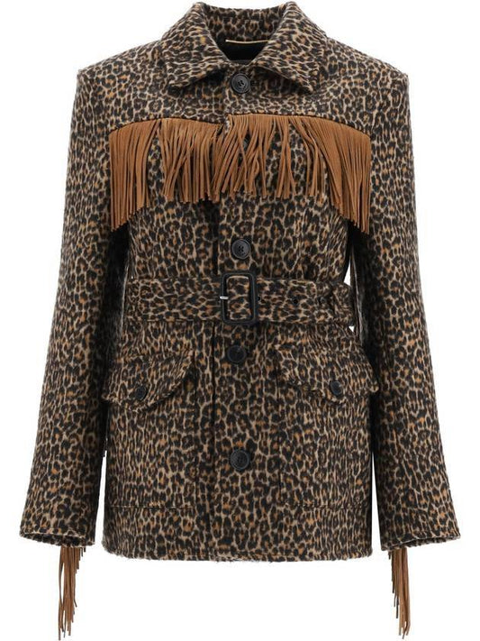 Saint Laurent Women's Fringe Leopard Jacket Brown