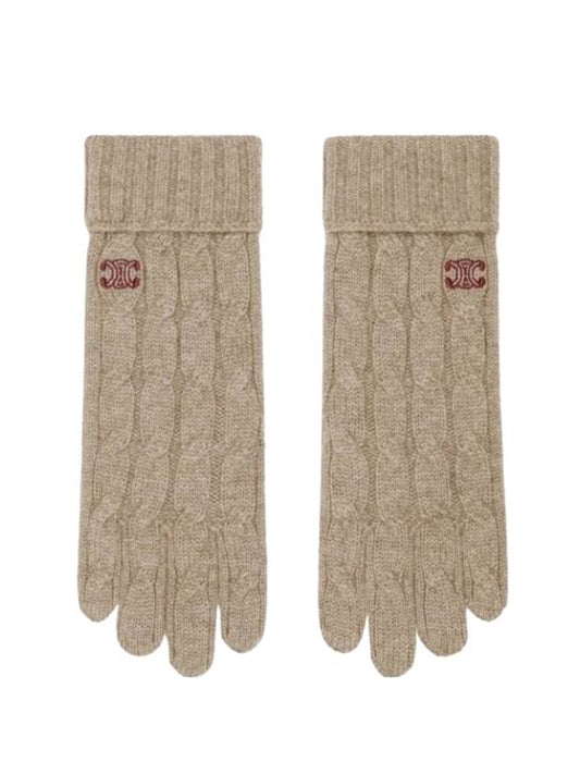 CELINE Triomphe Cable Knit Cashmere Gloves Light Taupe