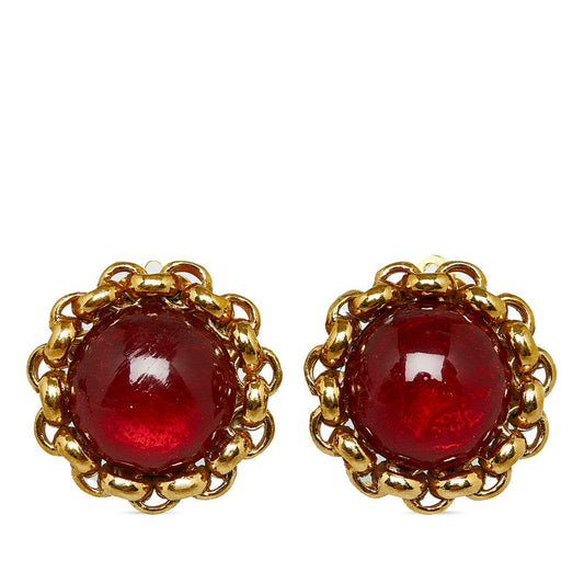Chanel Rhinestone Coco Mark Earrings Gold Red