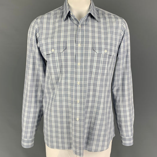PRADA Size L Grey Light Blue Plaid Cotton Patch Pocket Long Sleeve Shirt
