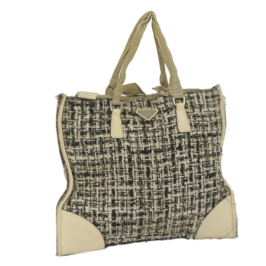 PRADA Hand Bag Tweed Beige Black  61437