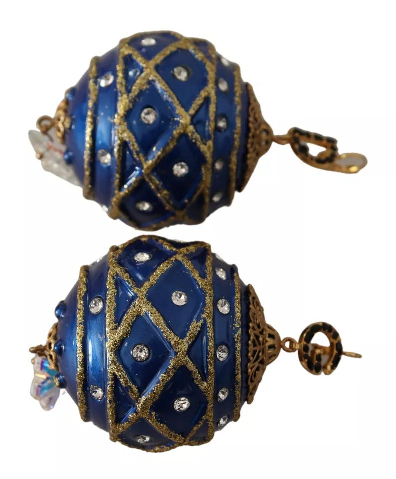 Dolce & Gabbana Gold Brass Blue Christmas Ball Crystal Hook Jewelry Women's Earrings