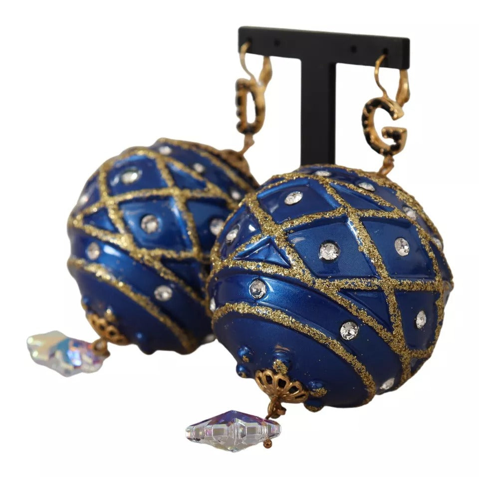Dolce & Gabbana Gold Brass Blue Christmas Ball Crystal Hook Jewelry Women's Earrings
