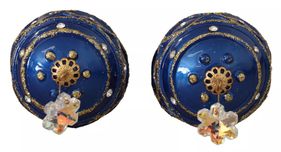Dolce & Gabbana Gold Brass Blue Christmas Ball Crystal Hook Jewelry Women's Earrings
