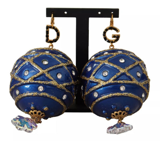 Dolce & Gabbana Gold Brass Blue Christmas Ball Crystal Hook Jewelry Women's Earrings