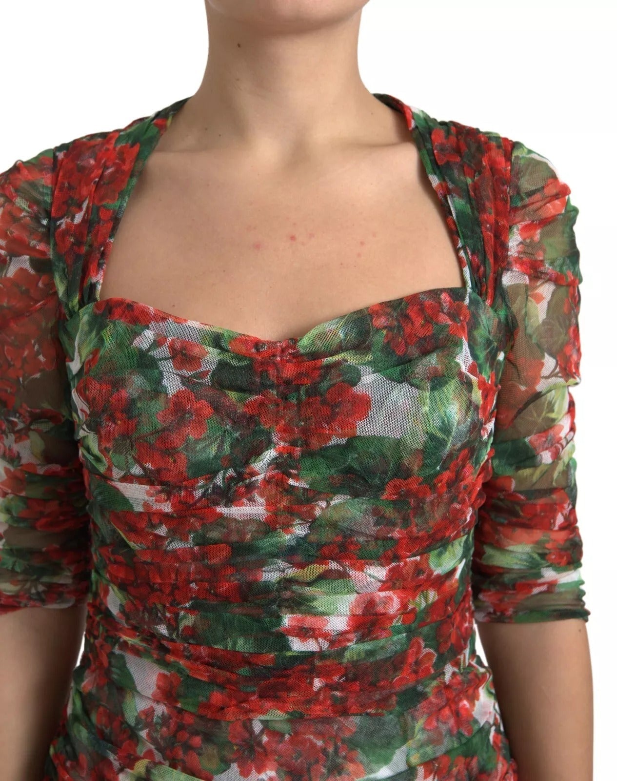 Dolce & Gabbana Red Floral Print Tulle Sheath Midi Women's Dress ()