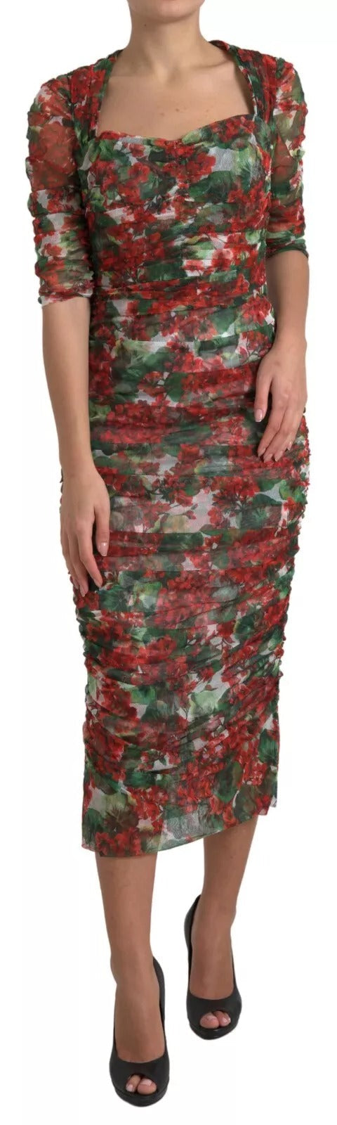 Dolce & Gabbana Red Floral Print Tulle Sheath Midi Women's Dress ()