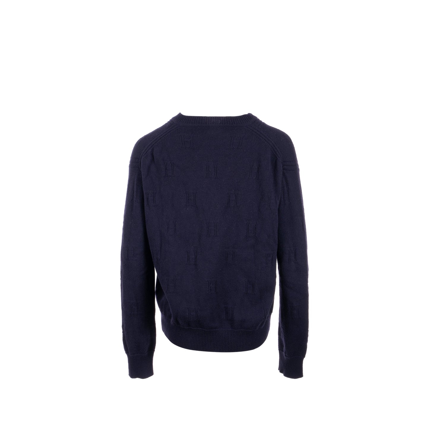 Hermes Size 38 H logo Maile Voyage V-neck Knitwear Virgin Wool Bleu Noir
