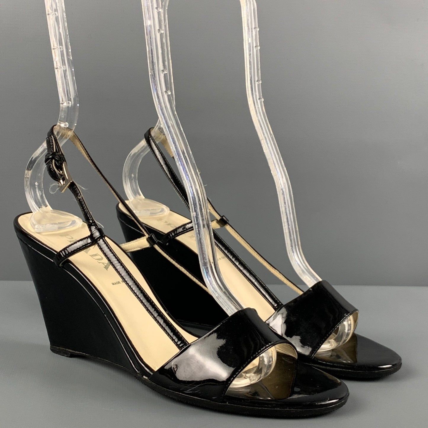 PRADA Size 6.5 Black Patent Leather Slingback Wedges