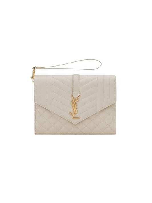 Saint Laurent Matelasse Gold Logo Strap Clutch Bag White