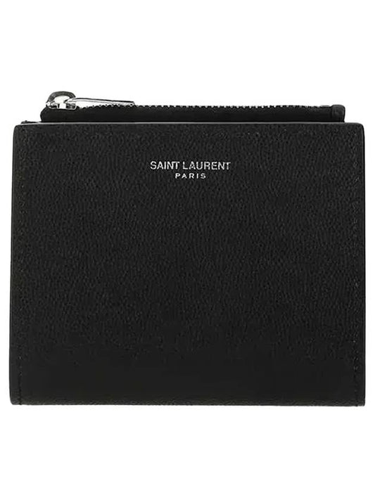 Saint Laurent Grain de Poudre Embossed Leather Zipper Card Wallet Black