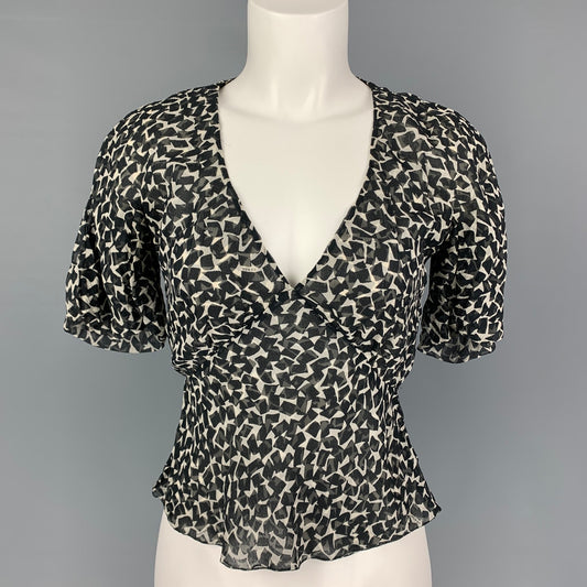 PRADA Size 2 Black White Silk Short Sleeve Blouse