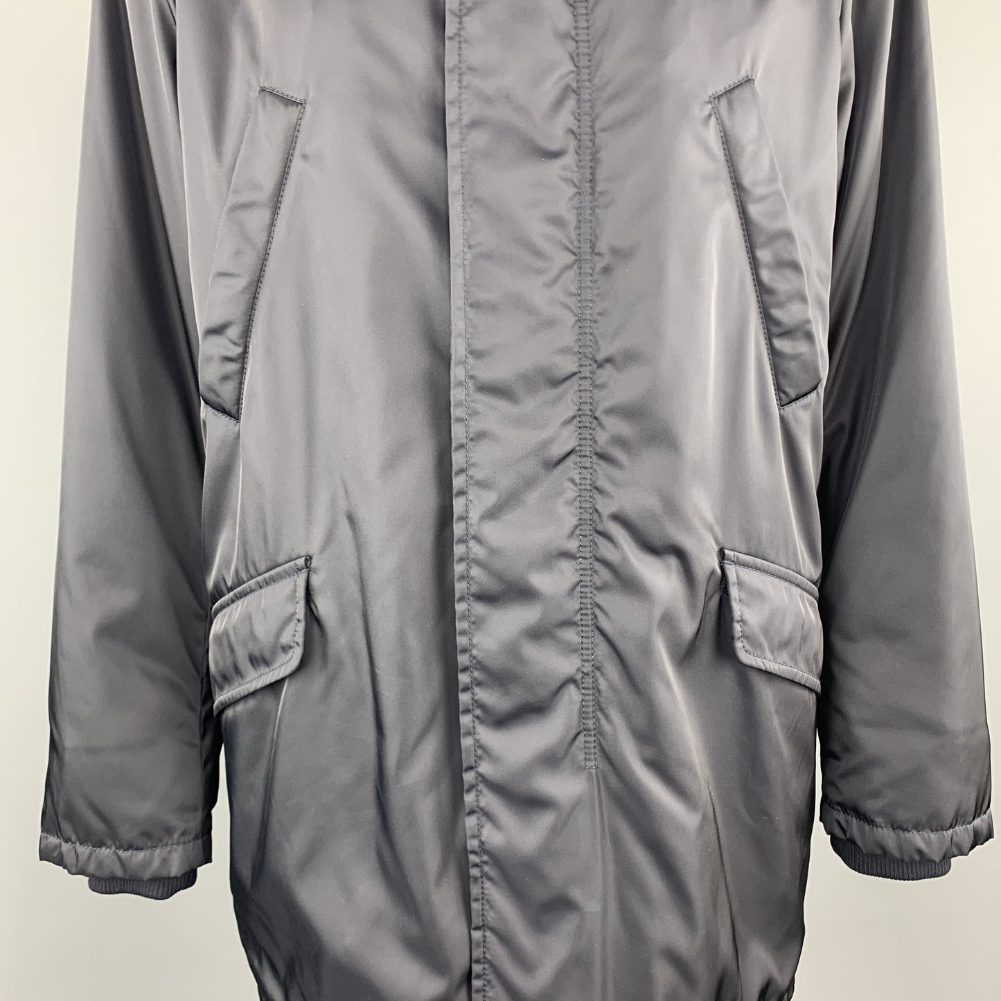 PRADA Size 46 Navy Nylon Hidden Placket Brown Lamb Shearling Collar Coat