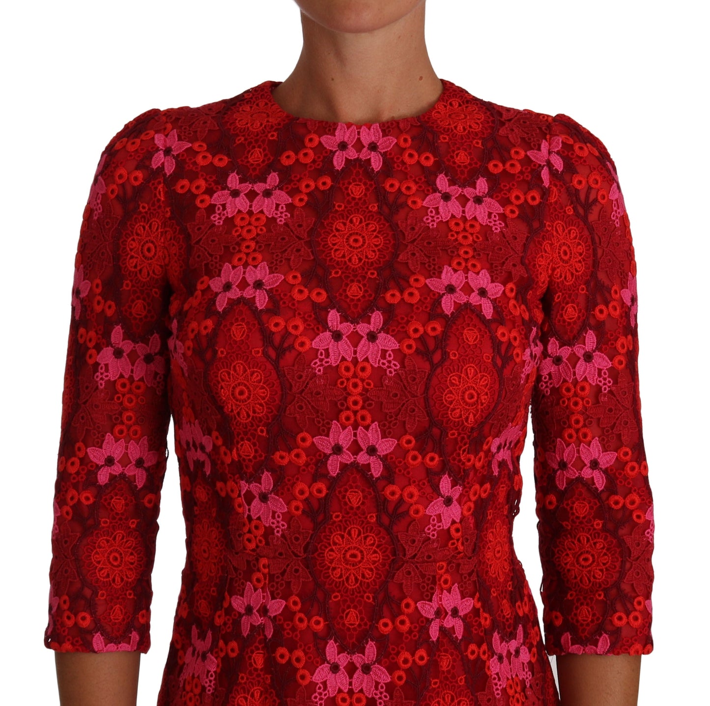 Dolce & Gabbana Floral Crochet Lace Red Pink Sheath Women's Dress
