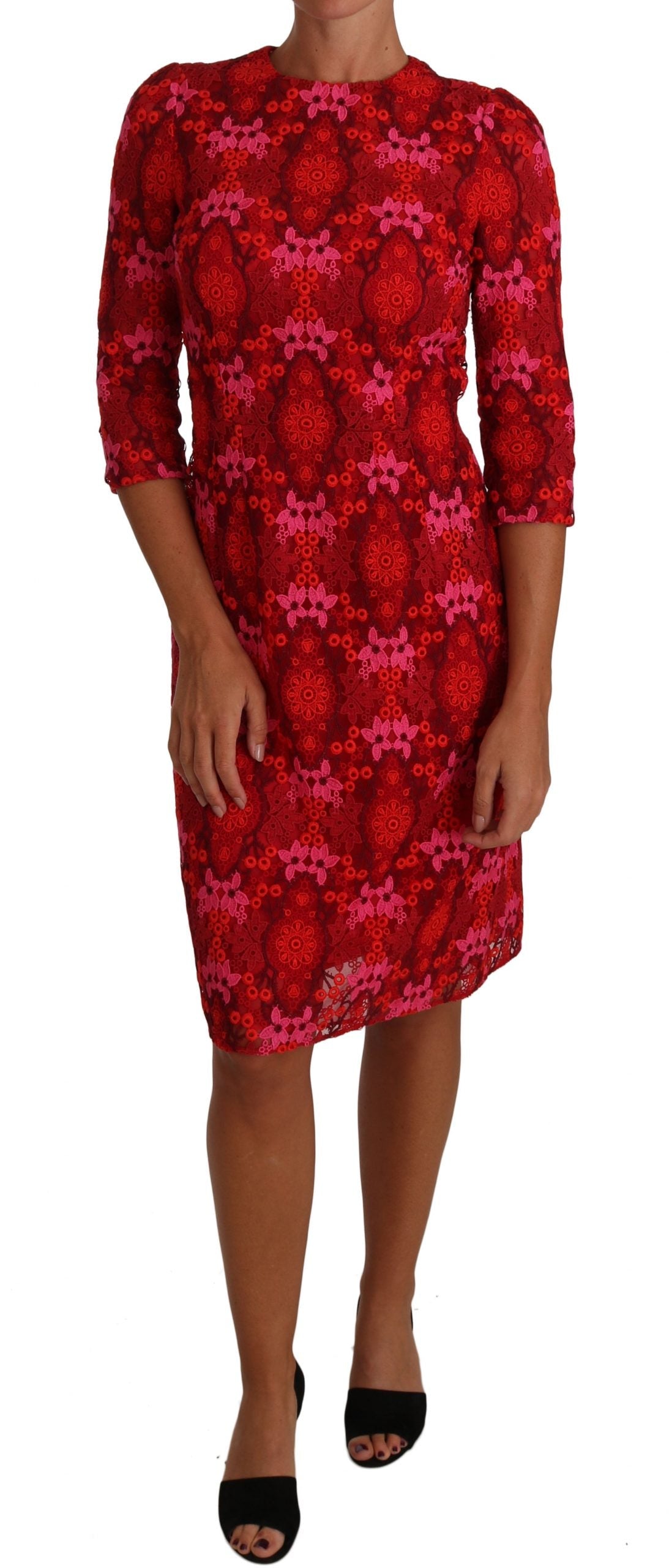 Dolce & Gabbana Floral Crochet Lace Red Pink Sheath Women's Dress