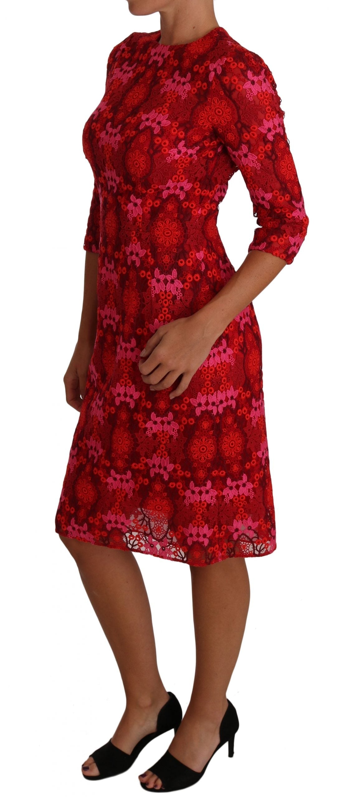 Dolce & Gabbana Floral Crochet Lace Red Pink Sheath Women's Dress