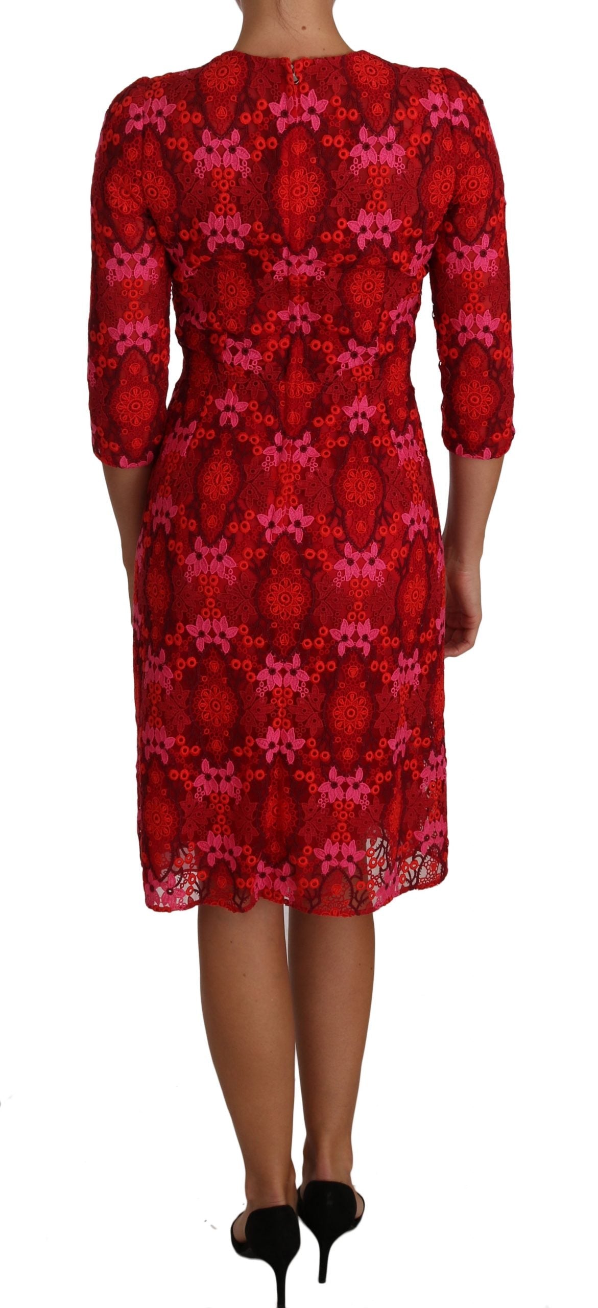 Dolce & Gabbana Floral Crochet Lace Red Pink Sheath Women's Dress